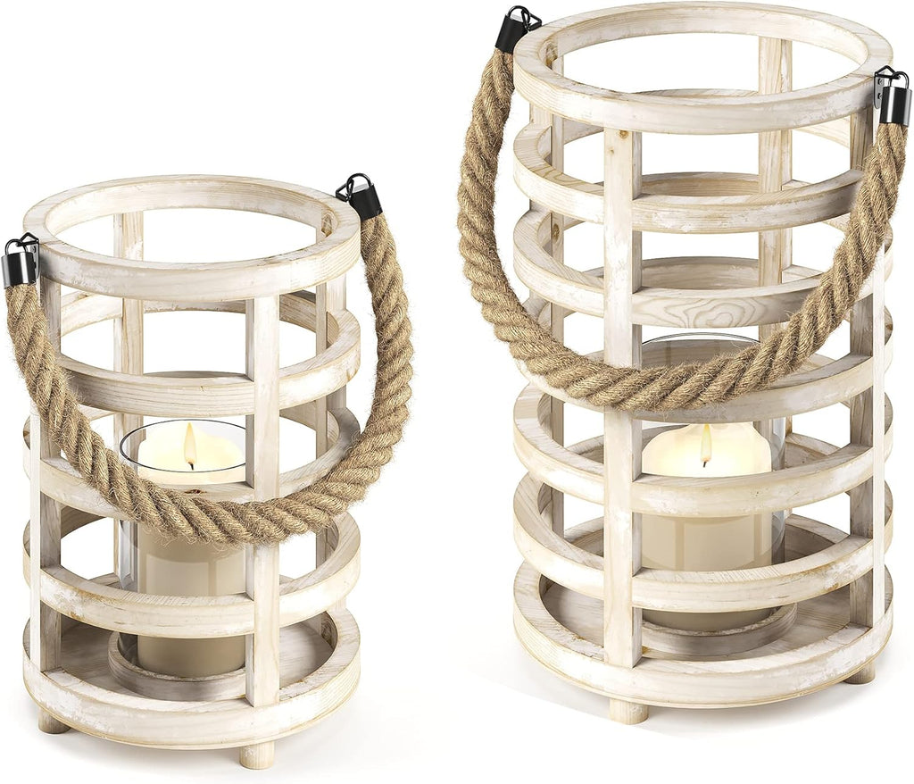 Whitewash Wooden Lantern Candle Holders, Set of 2 H177