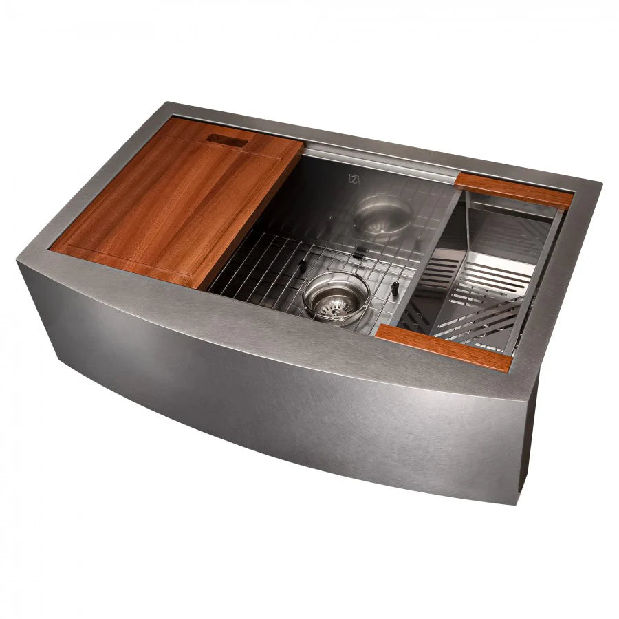 33 in. Farmhouse Apron Mount Single Bowl Stainless Steel Kitchen Sink with Bottom Grid R49690