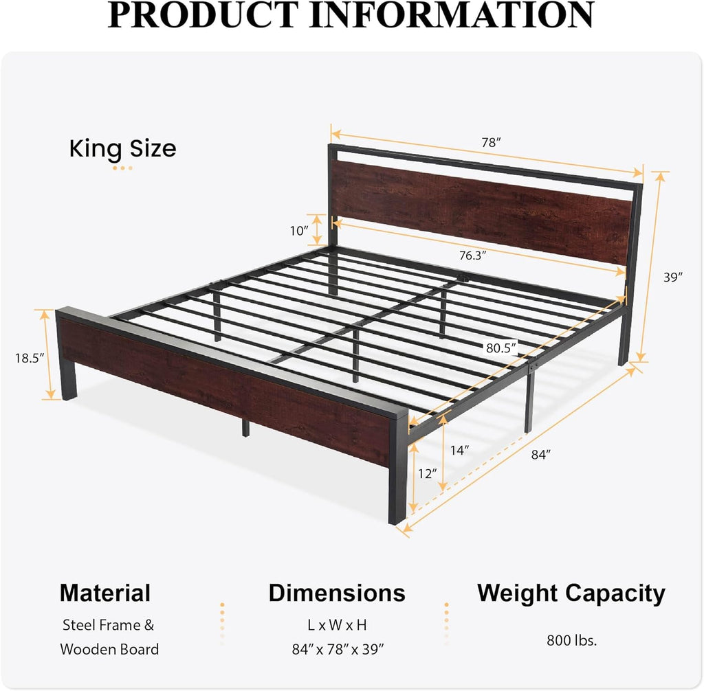14 Inch King Size Metal Platform Bed Frame with Wooden Headboard and Footboard K1031
