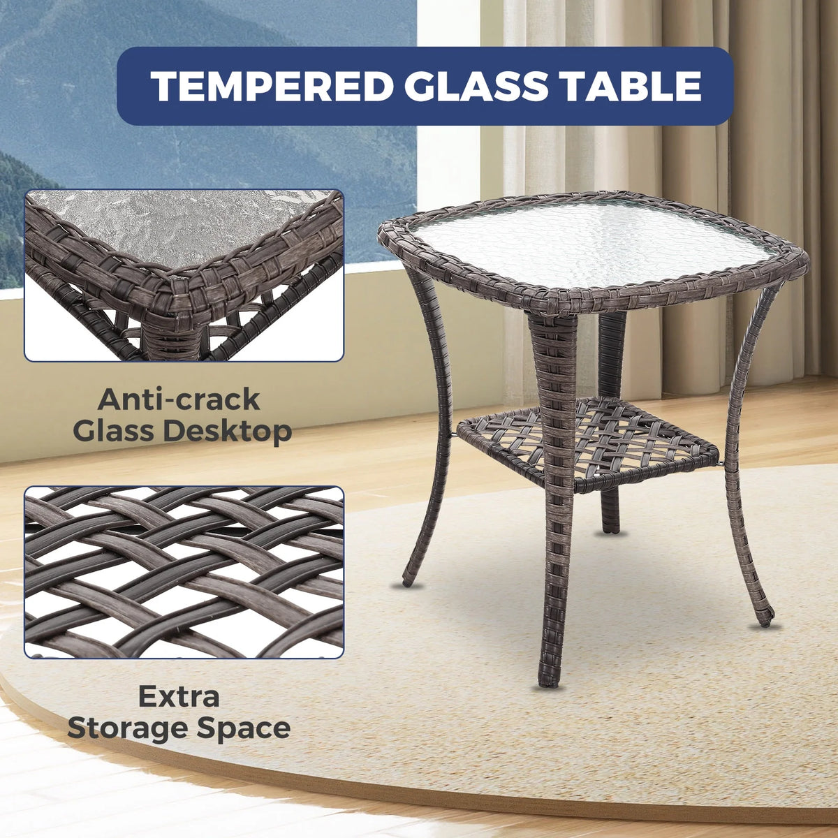 3 Pieces Wicker Patio Furniture Set with Swivel Rocking Chairs and Glass Side Table K9412