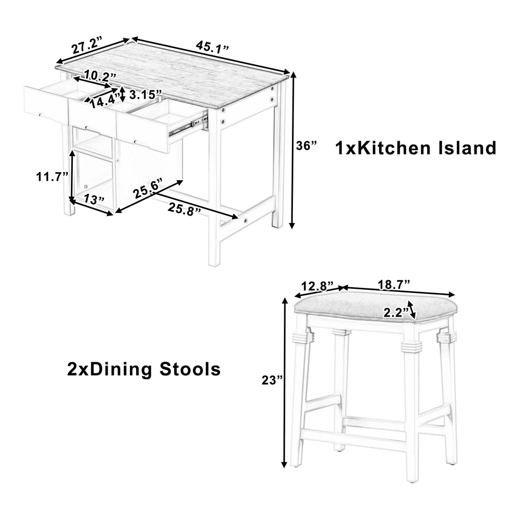 White 3-piece Rubber Wood Kitchen Island Set with 2 Seats E2976