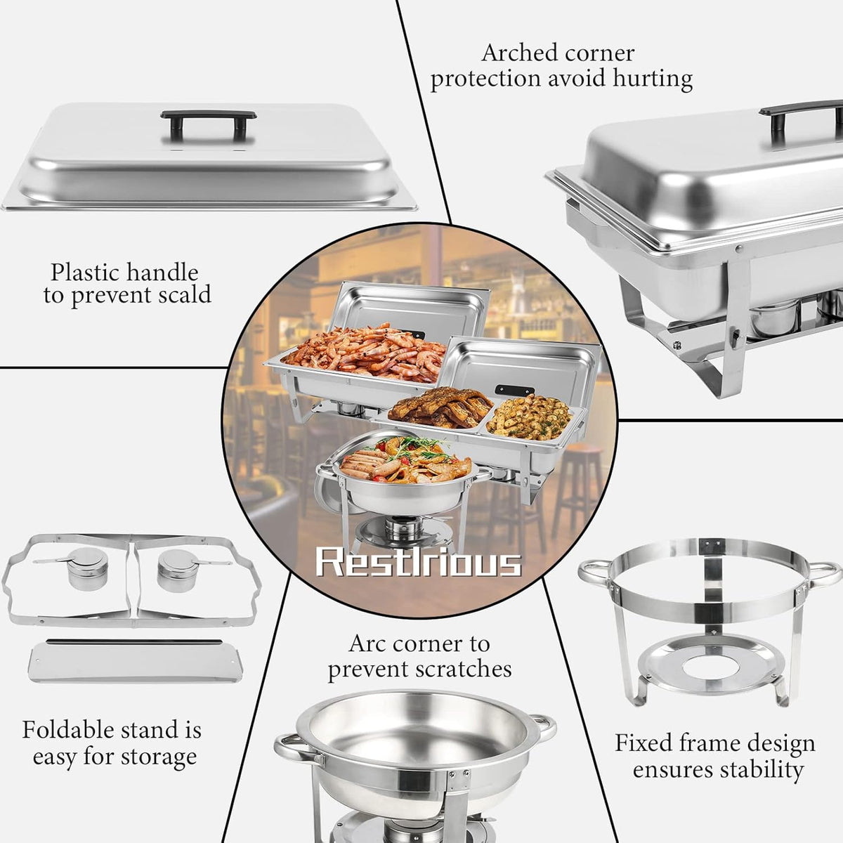 5 Pk Stainless Steel Chafing Dish Set with Full & Half Size Food Pan G1922