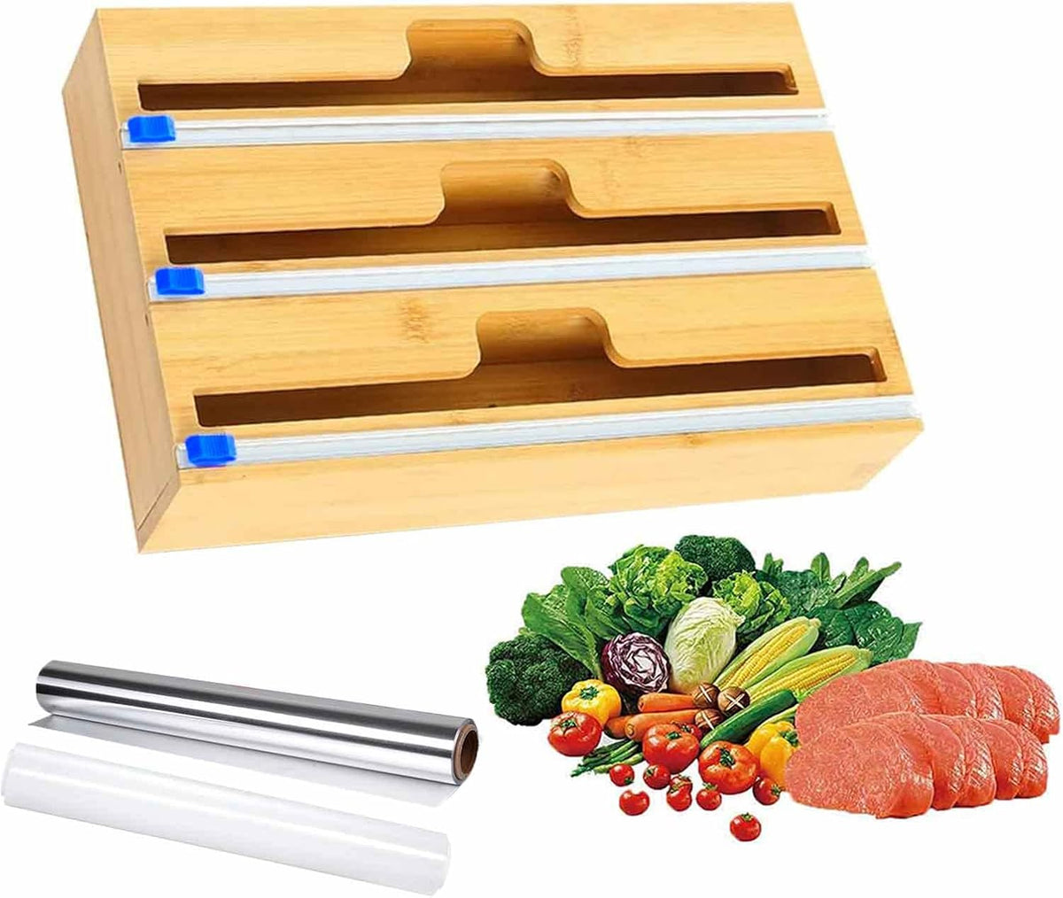 Bamboo Wrap Dispenser with Slide Cutter, 3 in 1 Aluminum Foil Plastic Wrap Wax Paper Dispenser, 12 Roll, Pack of 2 V3346