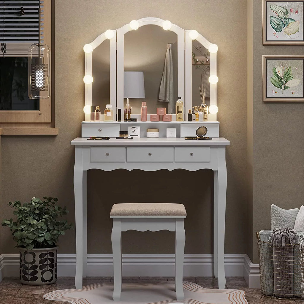 White Vanity Table Set with Lighted Tri-Fold Mirror and Stool X191236