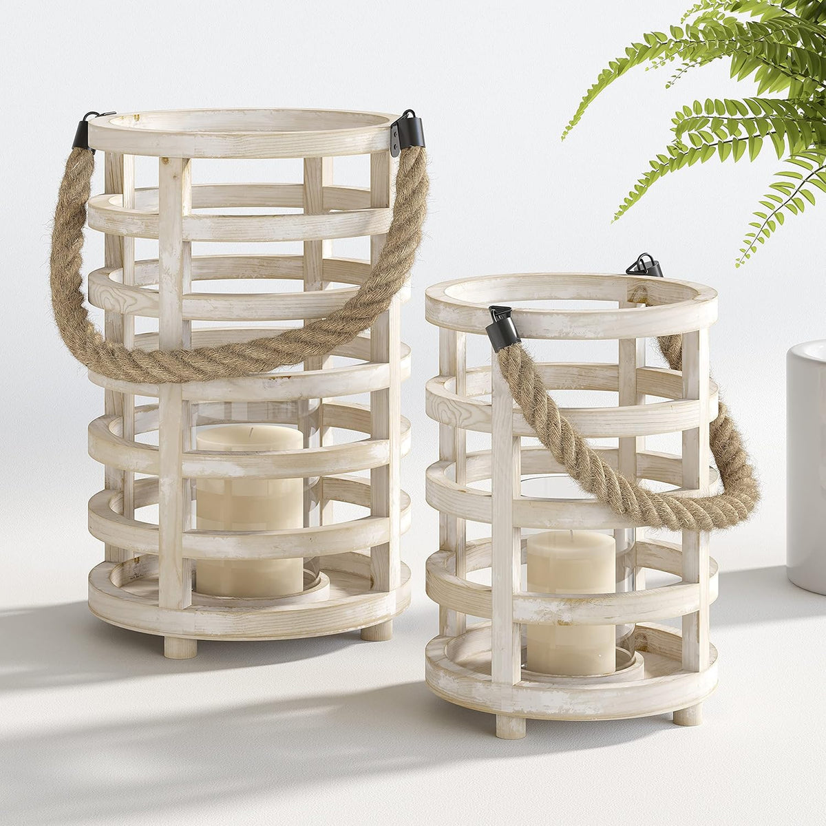 Whitewash Wooden Lantern Candle Holders, Set of 2 H177