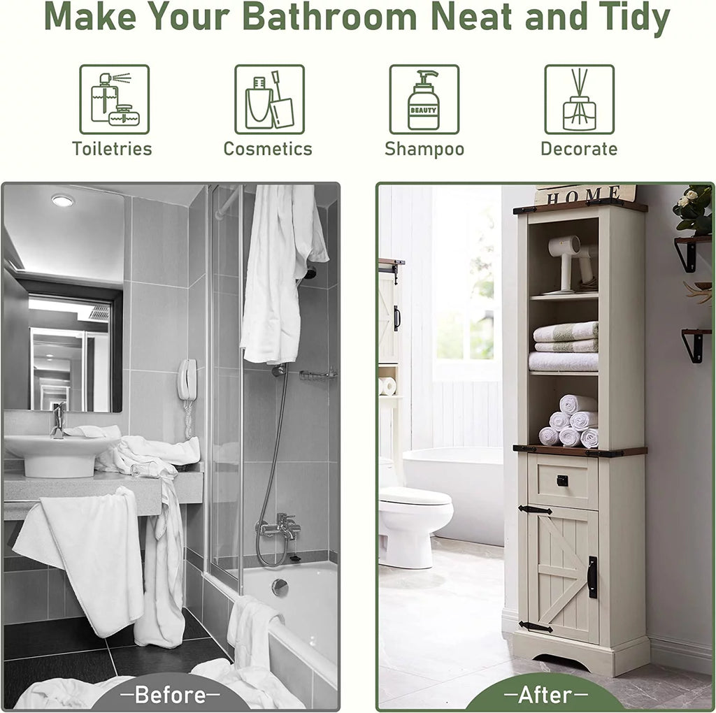 White 68" Farmhouse Bathroom Storage Cabinet with Drawer J970198