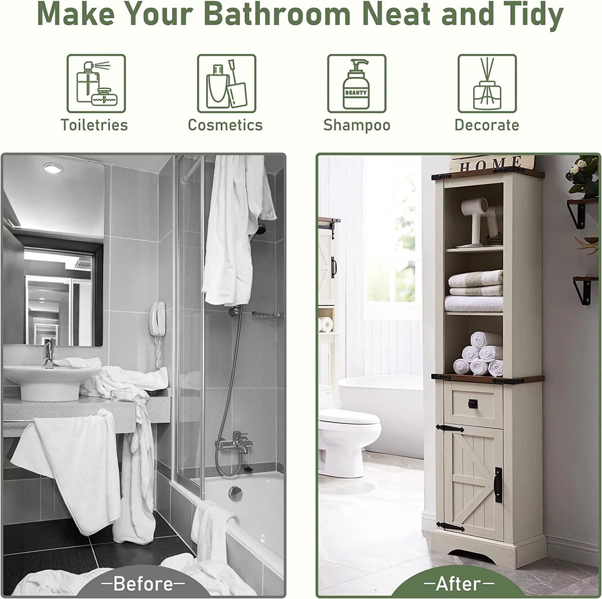 White 68" Farmhouse Bathroom Storage Cabinet with Drawer J970198