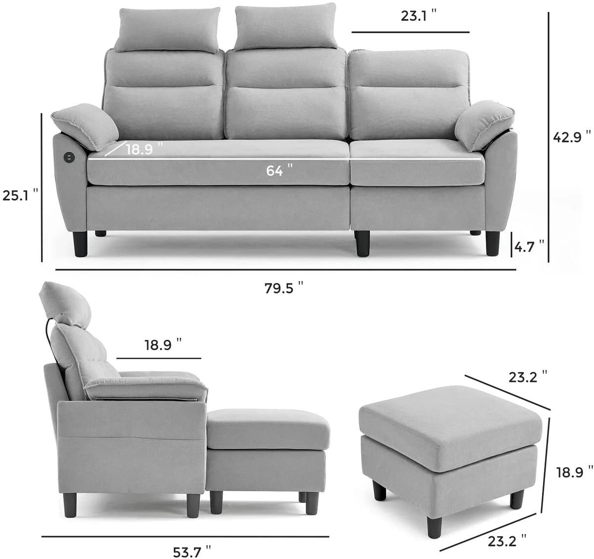 Light Grey Reversible Sectional Sofa with Storage W323