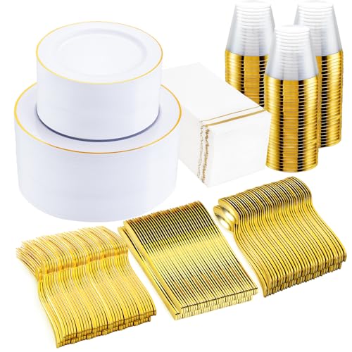 150 PCS Gold Plastic Plates Disposable Dinnerware Set with Cups I64765