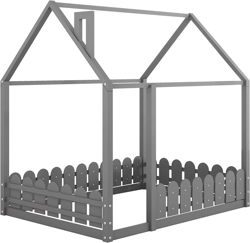 Full Size Grey Wood Bed Frame with Roof and Guardrails Q397177