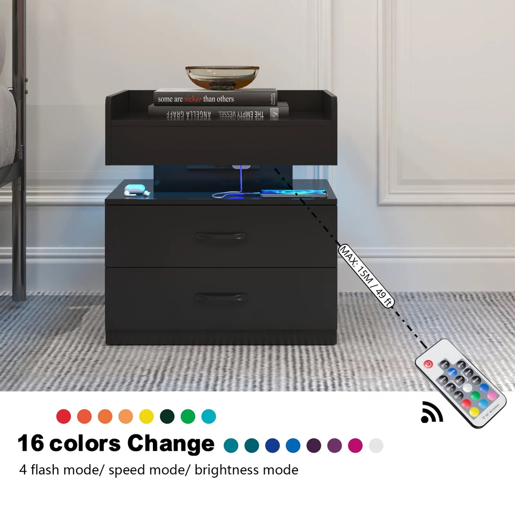 Black Wood Nightstand with Charging Station and 2 Drawers N75616