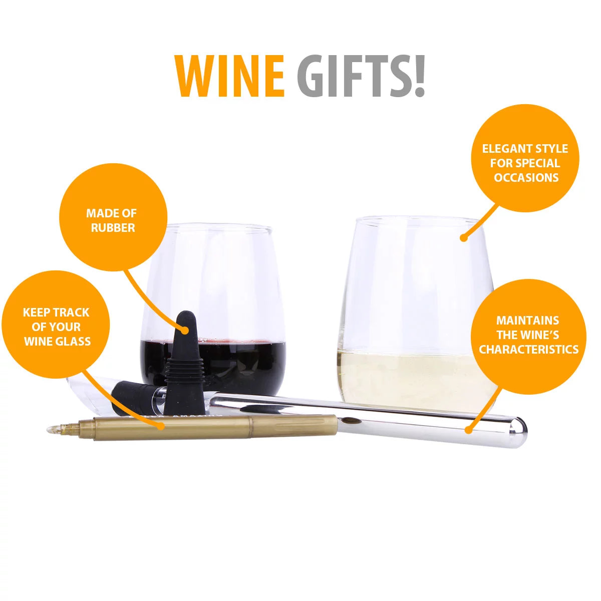 5 Pc Wine Accessories Set with 2 Glasses, Stainless Steel Chiller, Marker and Stopper N426