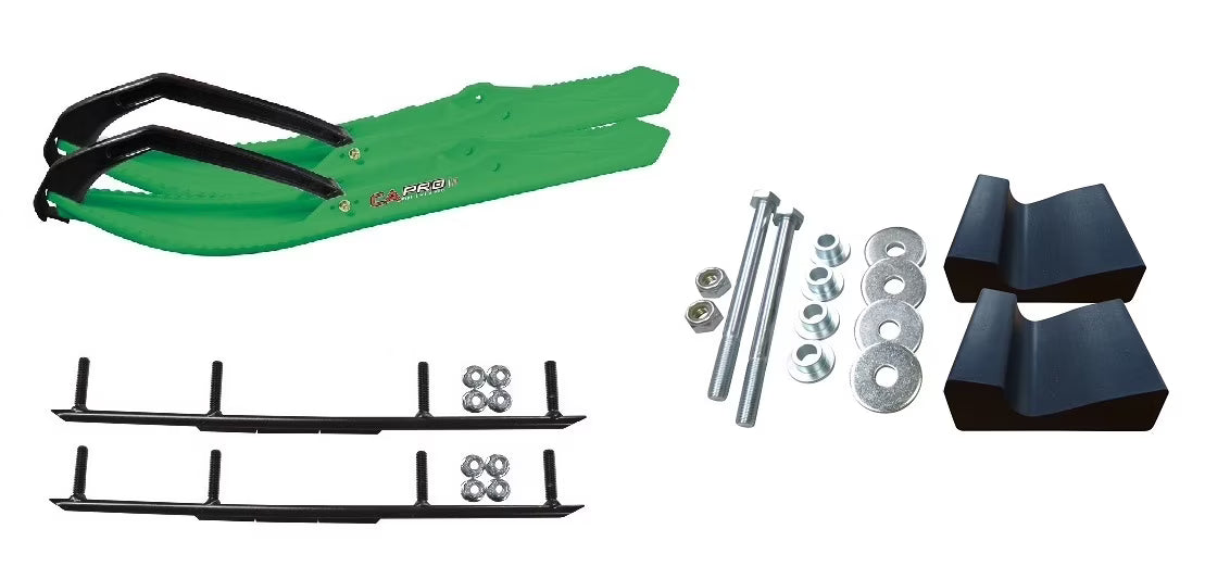 Green BX Snowmobile Skis with 6" Round Bars Complete Kit B607