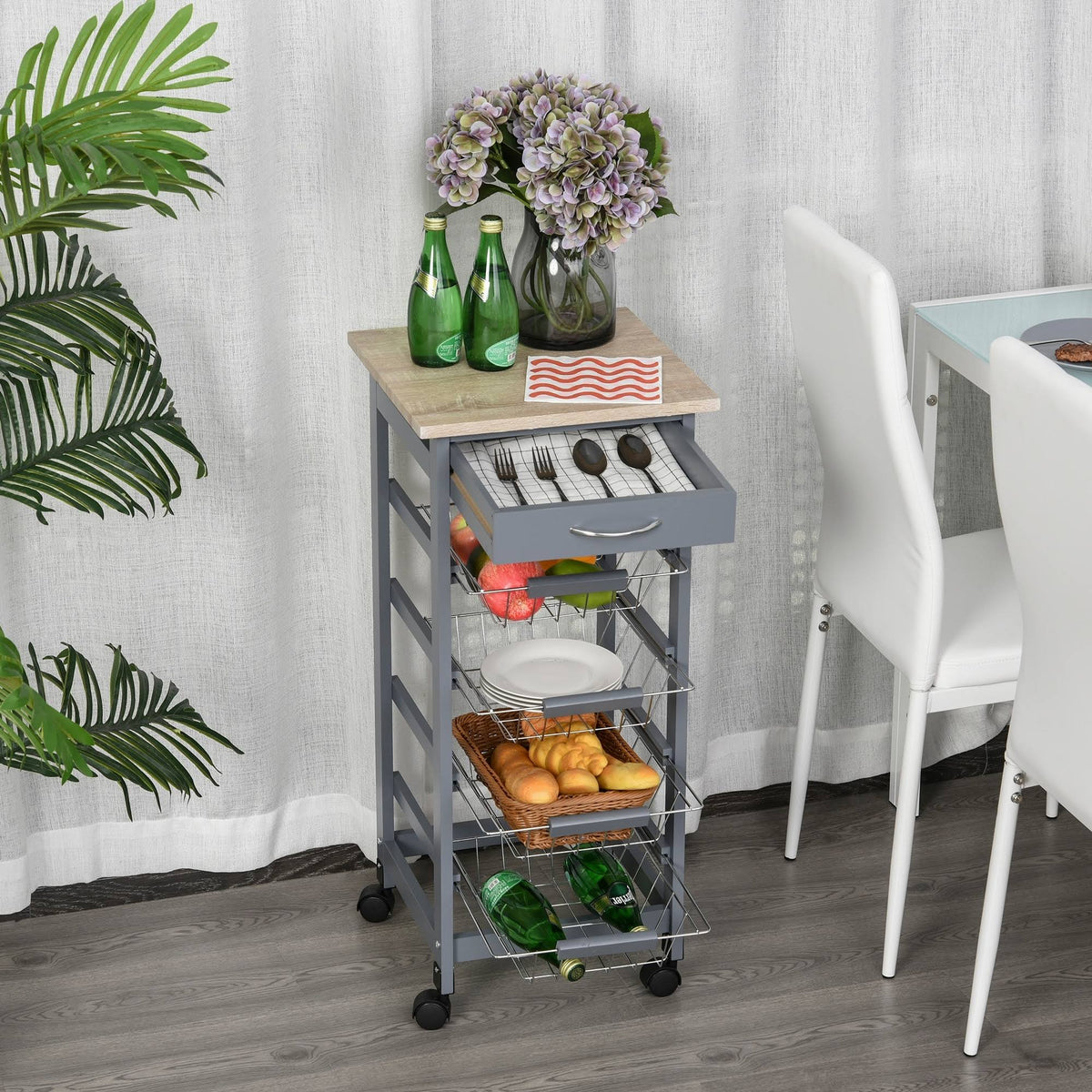 White Wooden Rolling Kitchen Storage Cart X838973