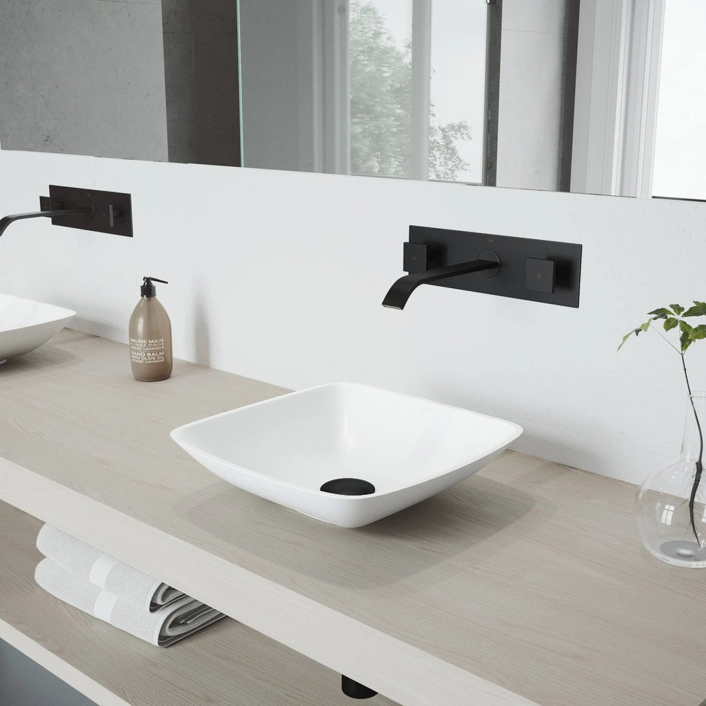 Hyacinth Matte Stone Vessel Bathroom Sink Set with Wall Mount Faucet in Matte Black V3797
