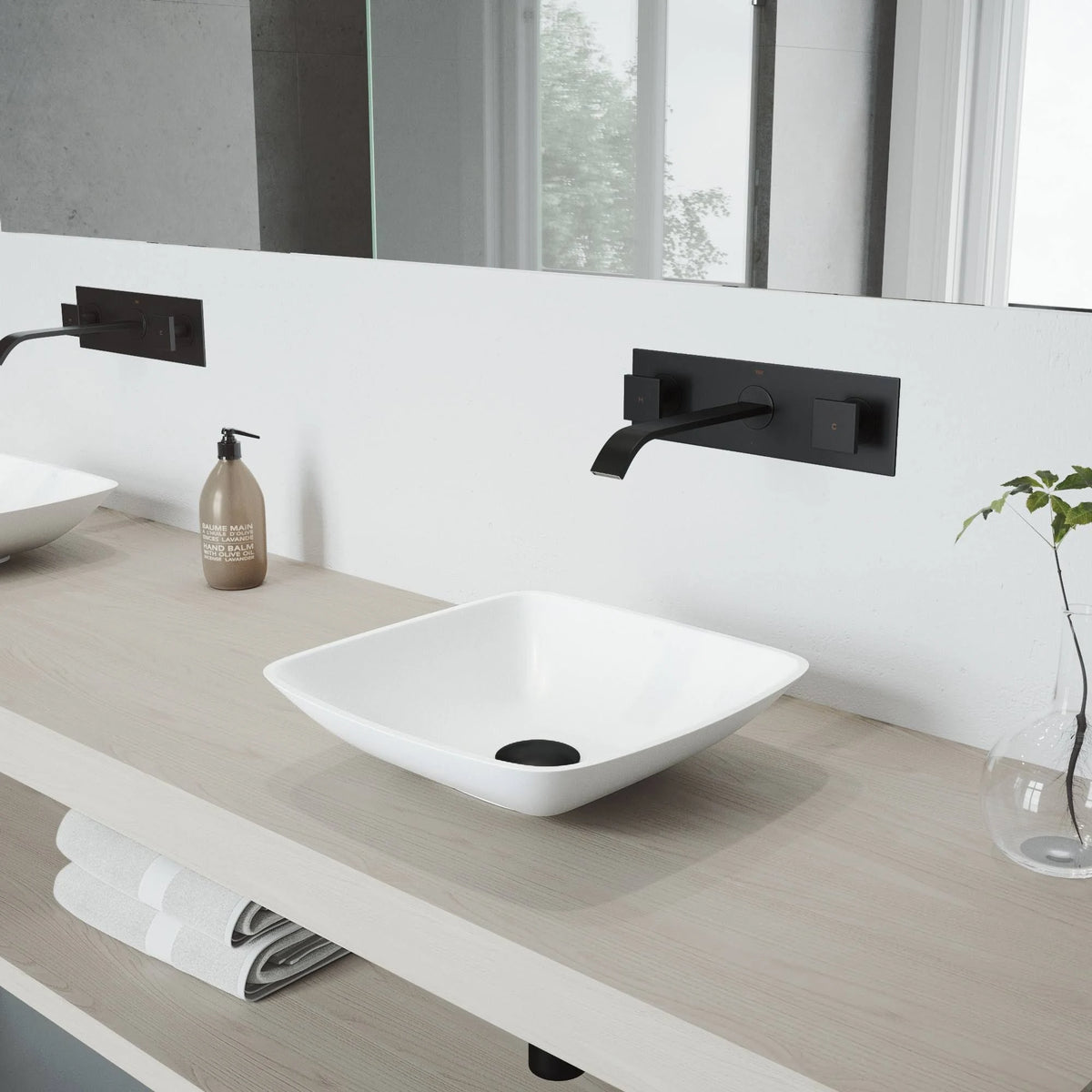 Hyacinth Matte Stone Vessel Bathroom Sink Set with Wall Mount Faucet in Matte Black V3797
