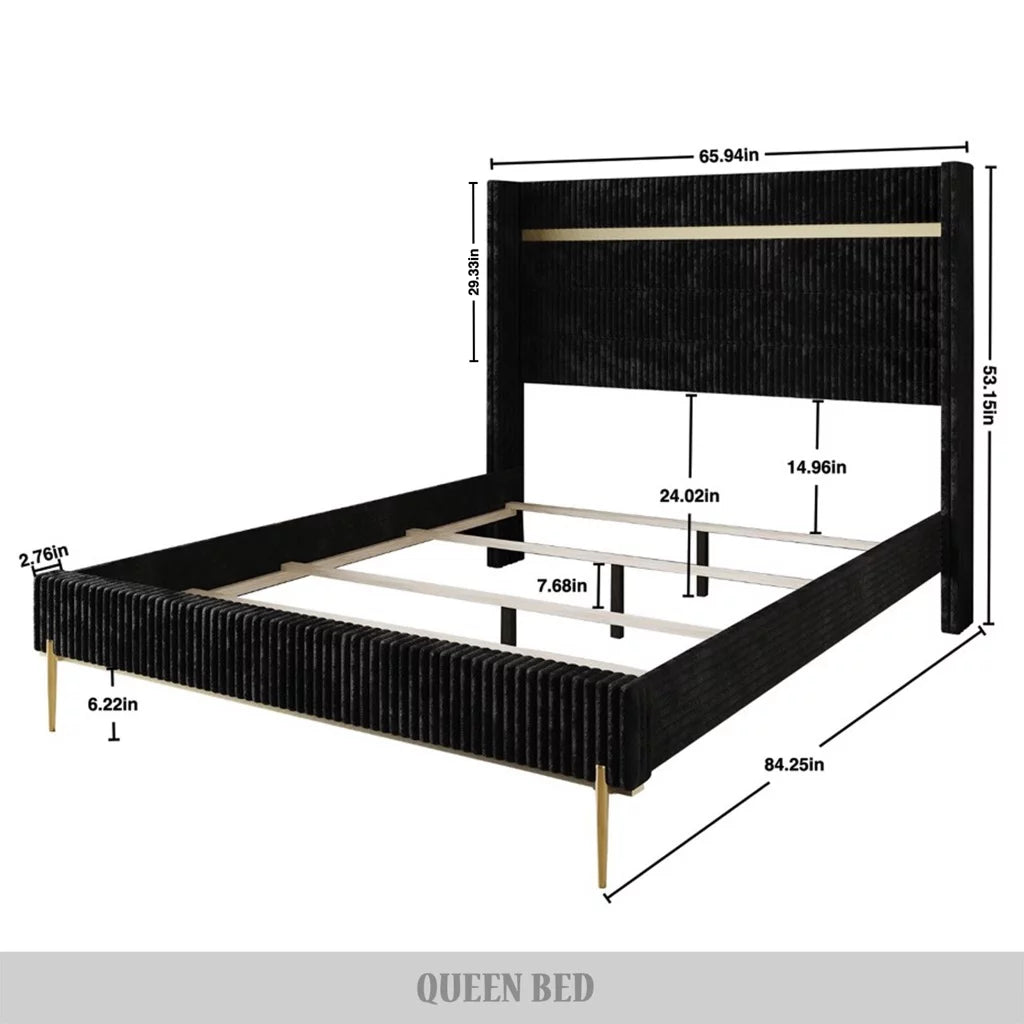 Gold PU Strip Wingback Velvet Upholstered Bed Black, Full Y304