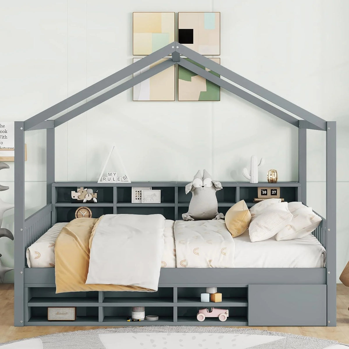 Twin Size Wood House Bed with Storage Shelves P555426