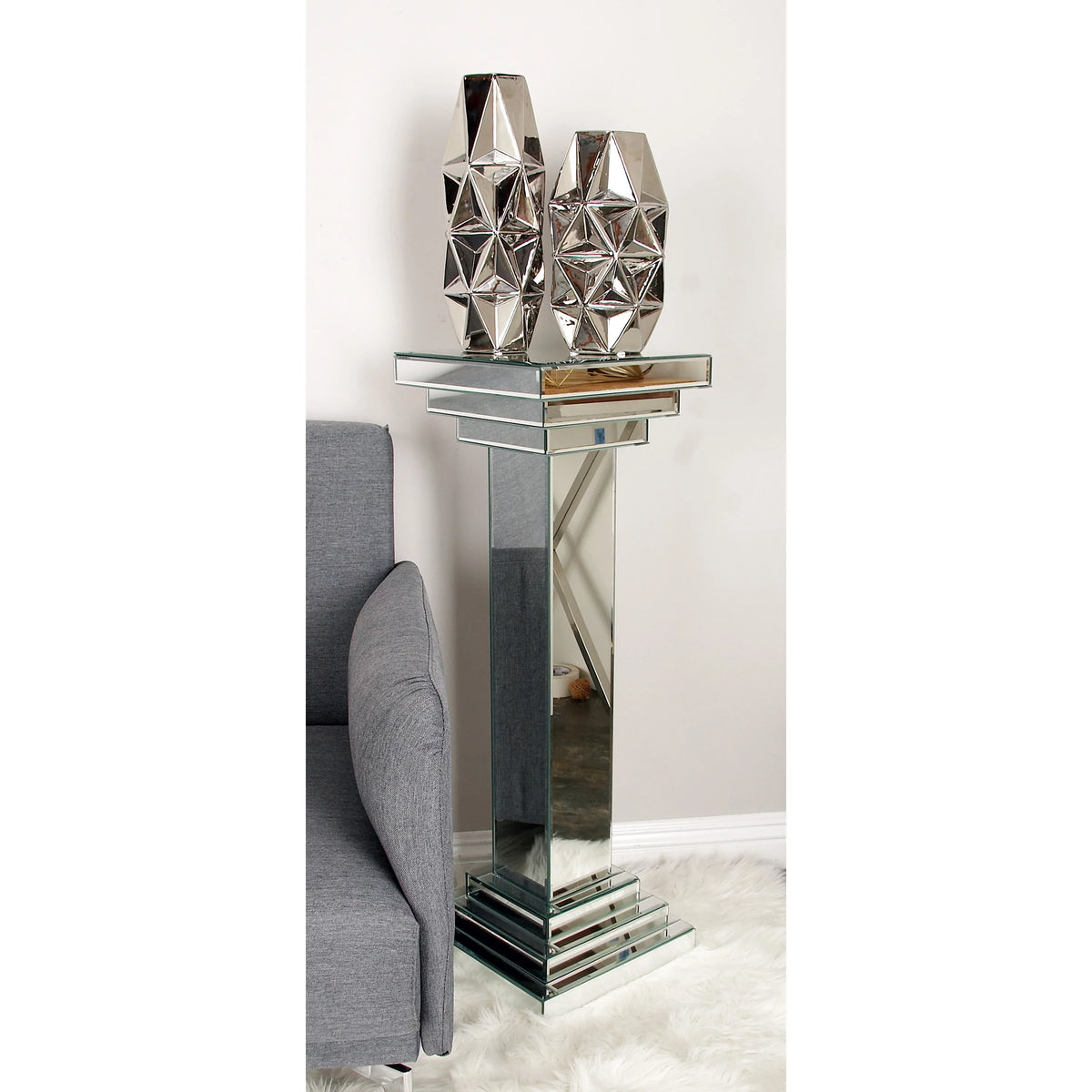 12" x 36" Silver Glass Mirrored Pedestal Table X9327