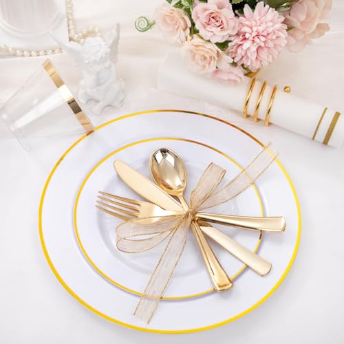 150 PCS Gold Plastic Plates Disposable Dinnerware Set with Cups I64765