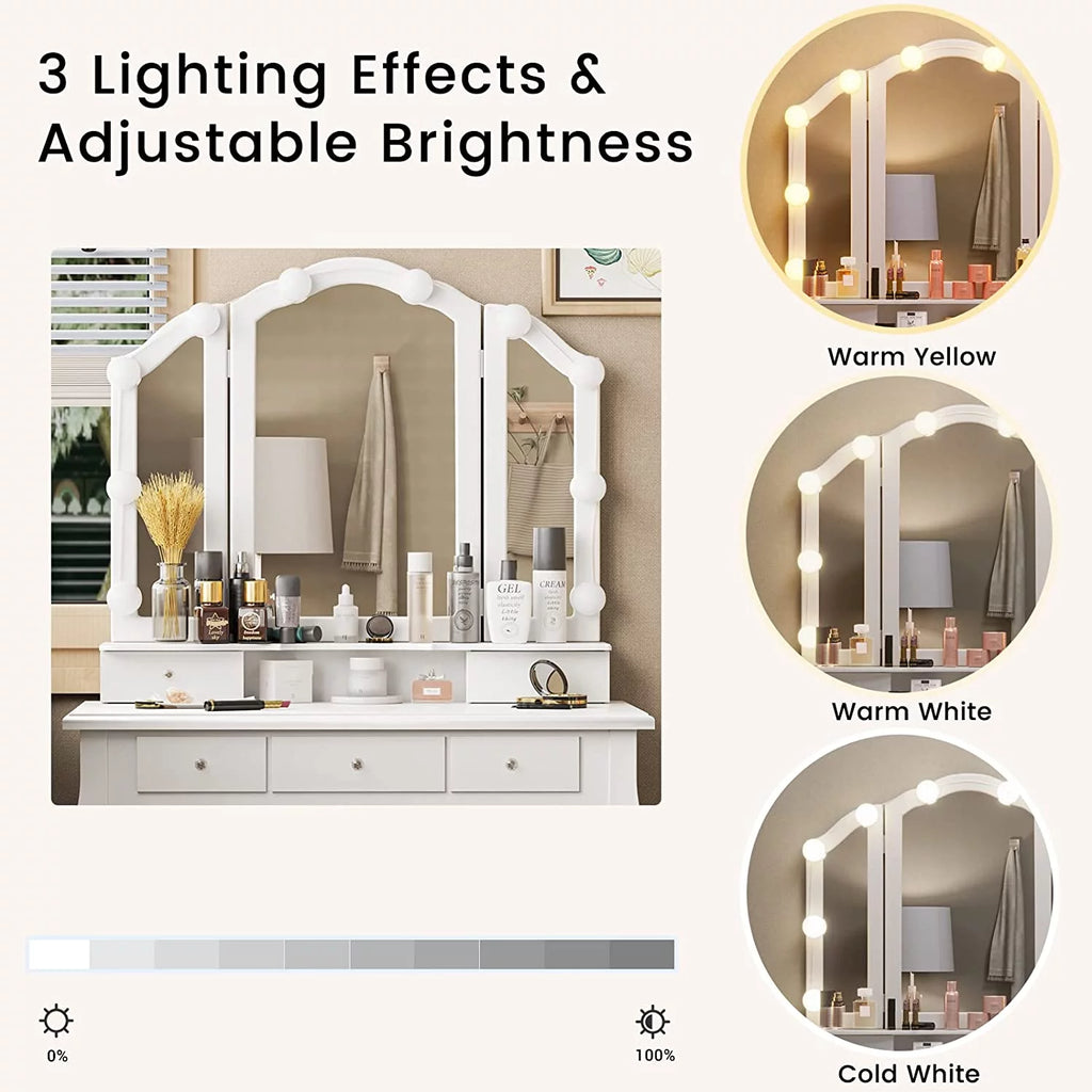 White Vanity Table Set with Lighted Tri-Fold Mirror and Stool X191236