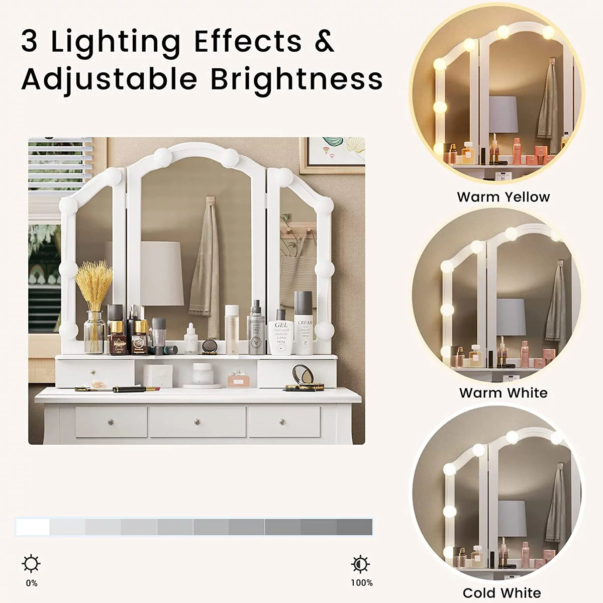White Vanity Table Set with Lighted Tri-Fold Mirror and Stool X191236