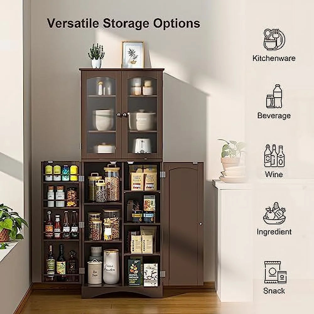 64" Kitchen Pantry Cabinet with Glass Doors and Adjustable Shelves M8983