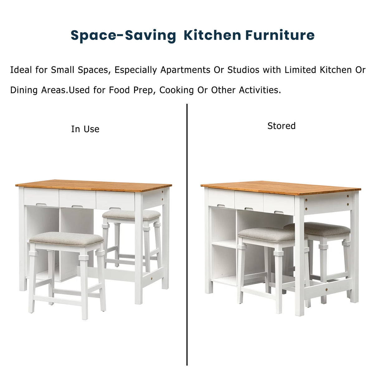 White 3-piece Rubber Wood Kitchen Island Set with 2 Seats E2976
