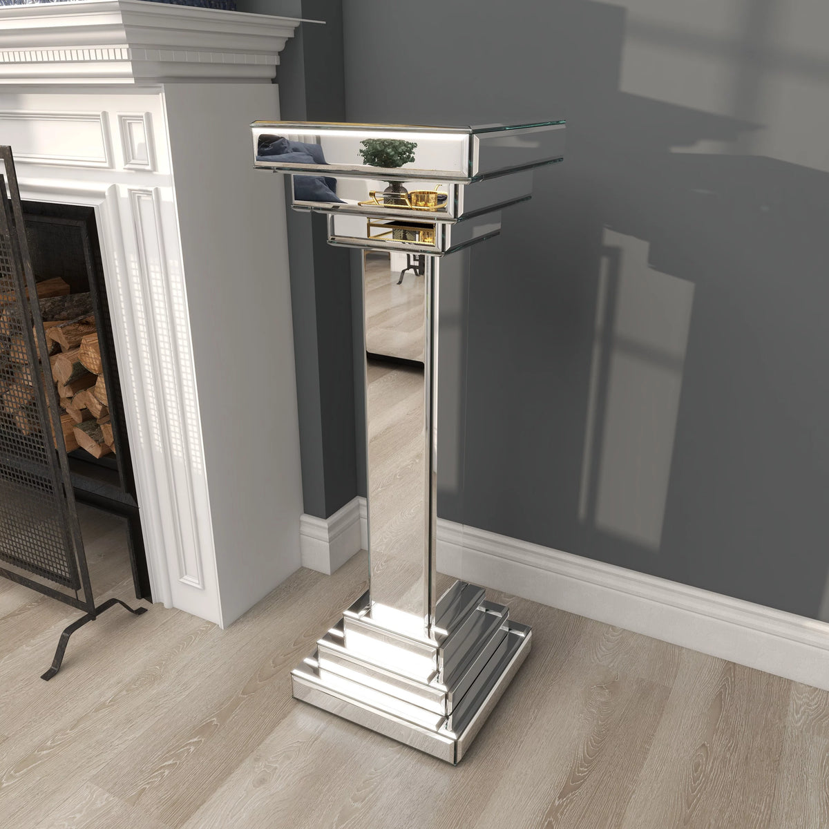 12" x 36" Silver Glass Mirrored Pedestal Table X9327
