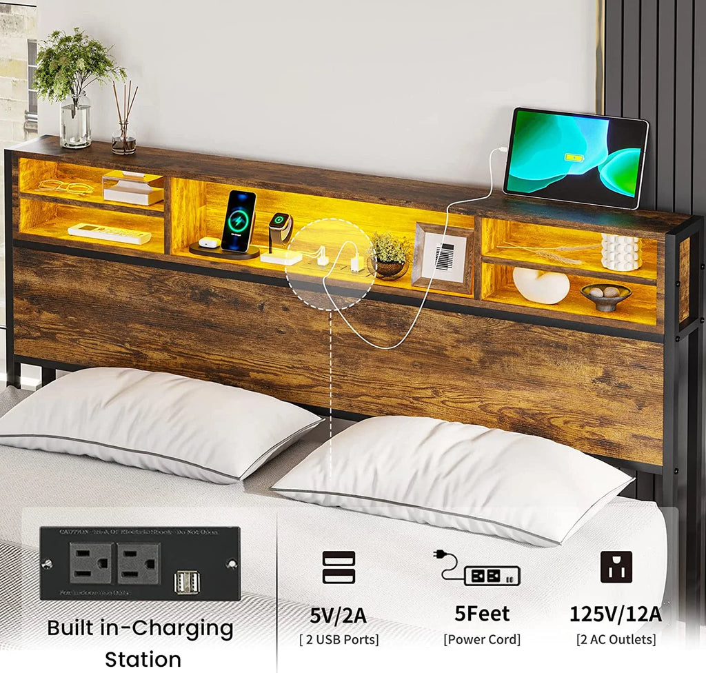 Queen RGB Led Light Metal Platform Bed with Storage Headboard C573130