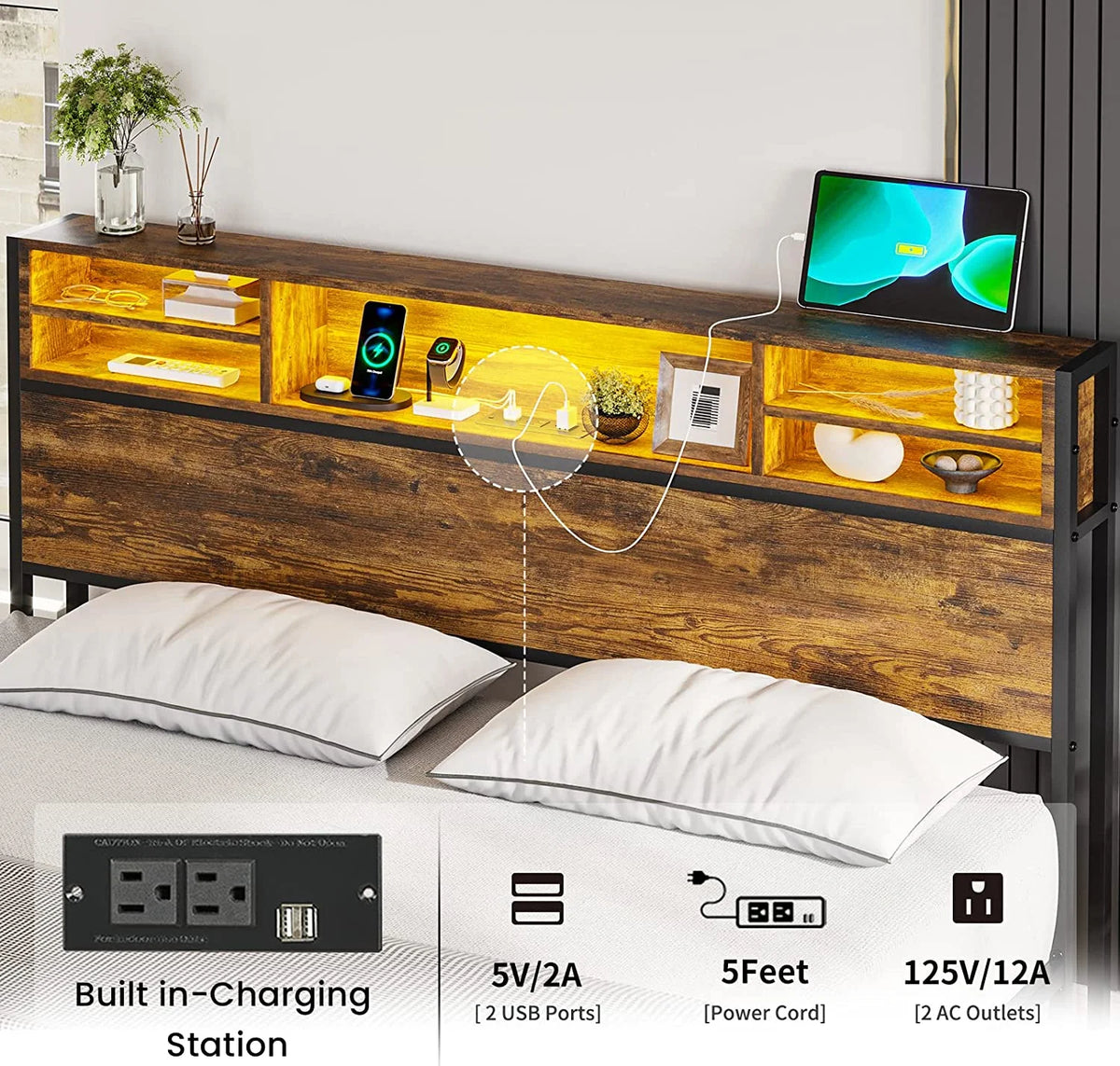 Queen RGB Led Light Metal Platform Bed with Storage Headboard C573130