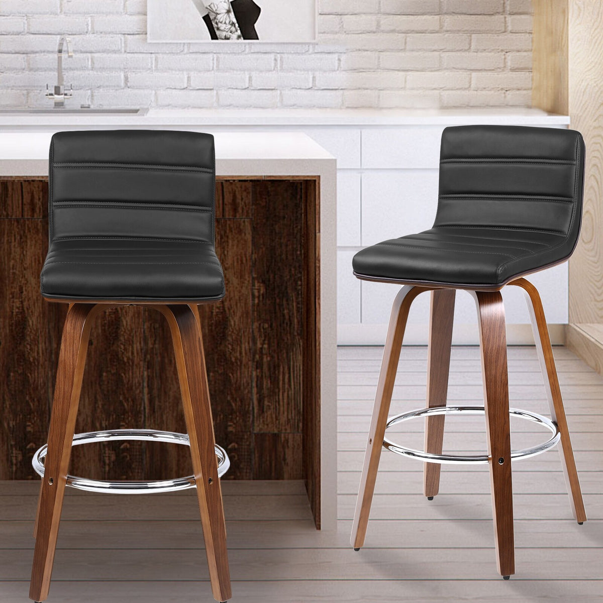 Swivel Wood Bar Stools PU Leather Upholstered Counter Stools Set of 2 Black Total Height 39.4" J8602