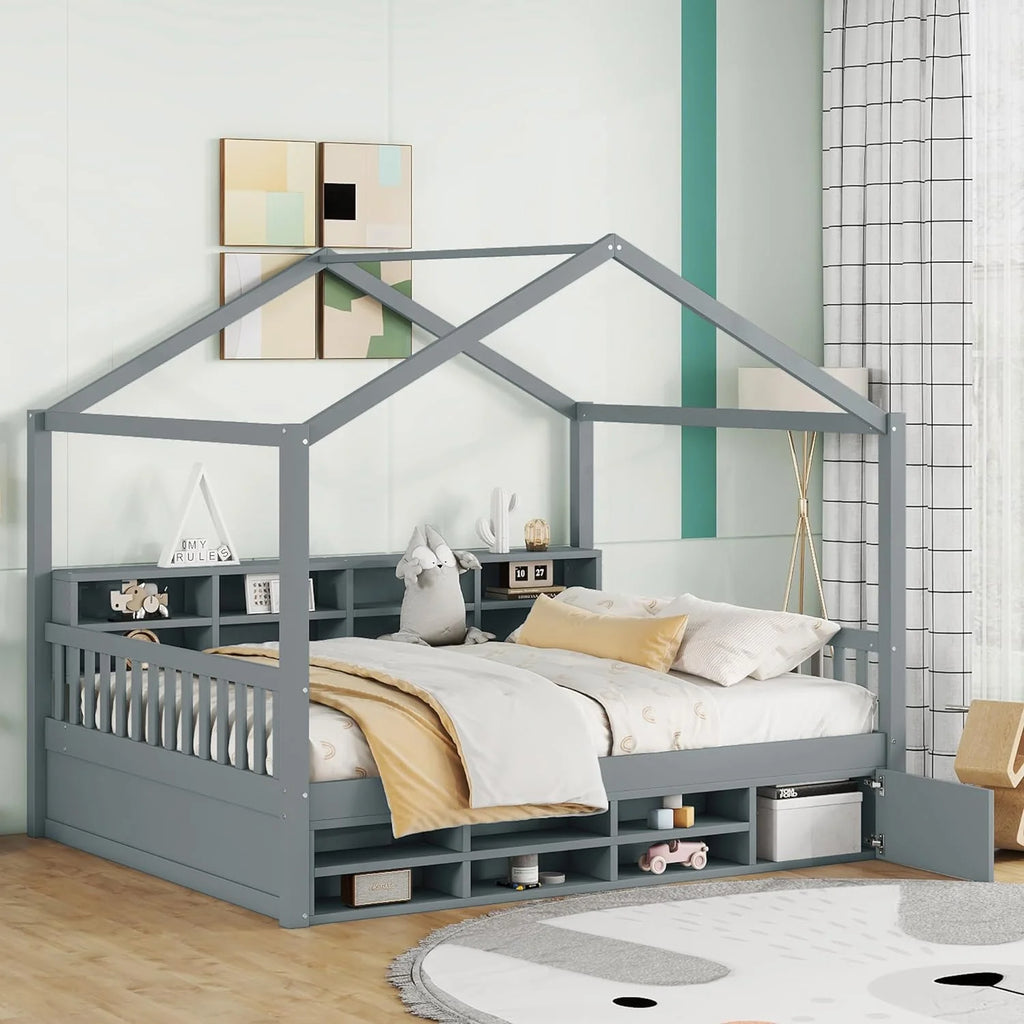 Twin Size Wood House Bed with Storage Shelves P555426