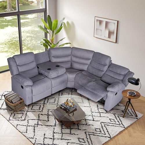 Grey Microfiber Manual Reclining Sectional Sofa with Cup Holders A157684