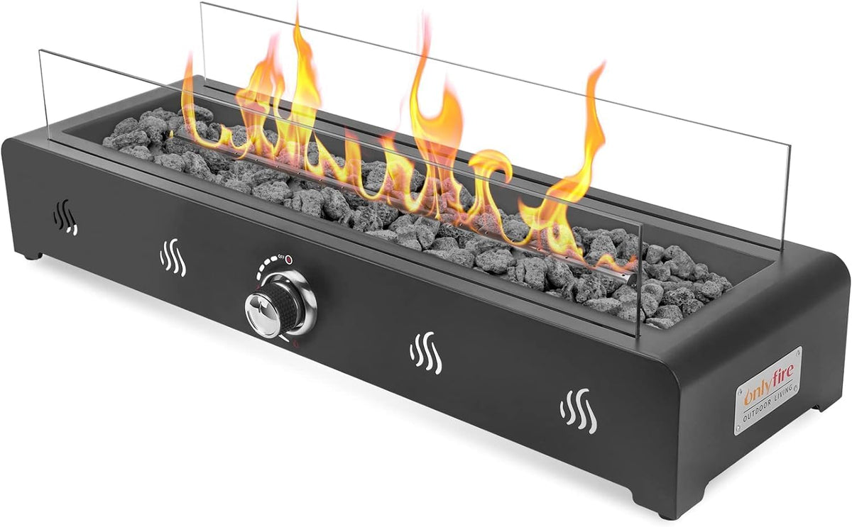 28 Inch Tabletop Gas Fire Pit with Glass Wind Guard and Lava Rock Z28616