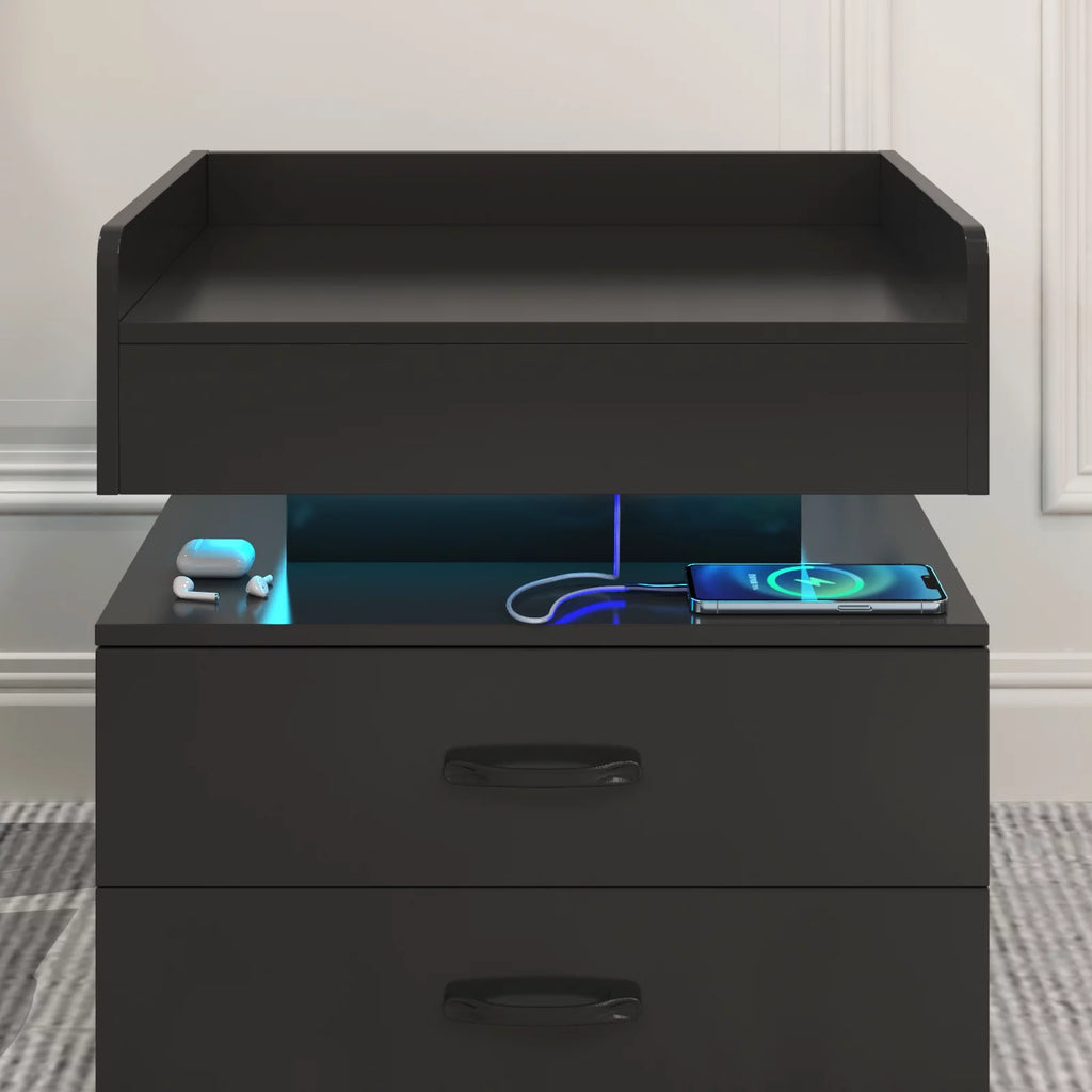 Black Wood Nightstand with Charging Station and 2 Drawers N75616