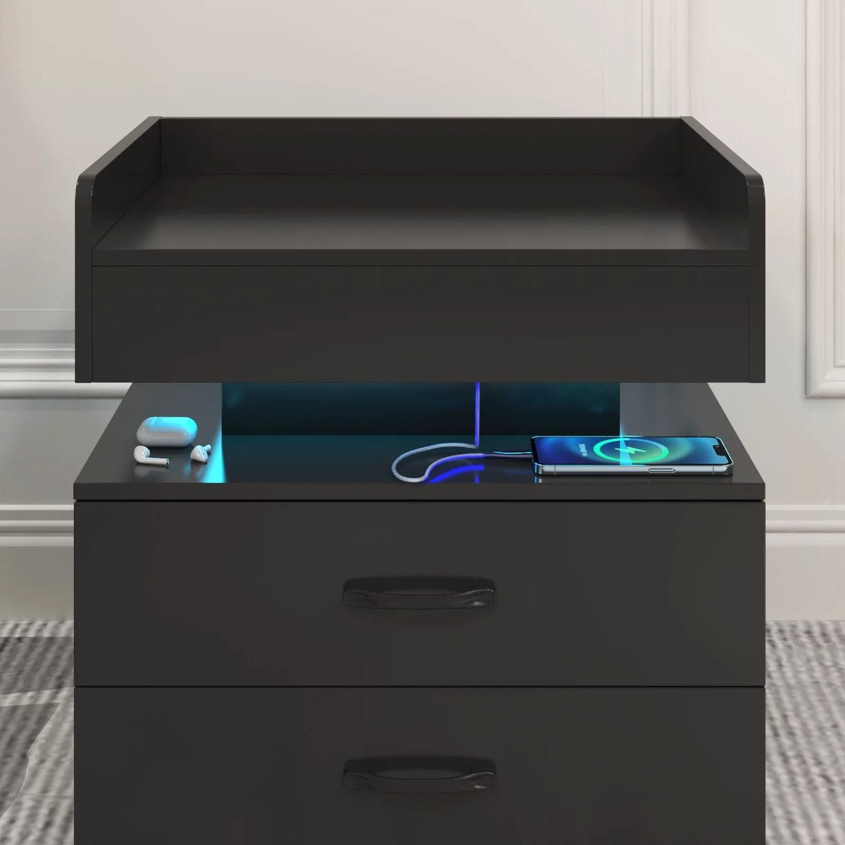 Black Wood Nightstand with Charging Station and 2 Drawers N75616