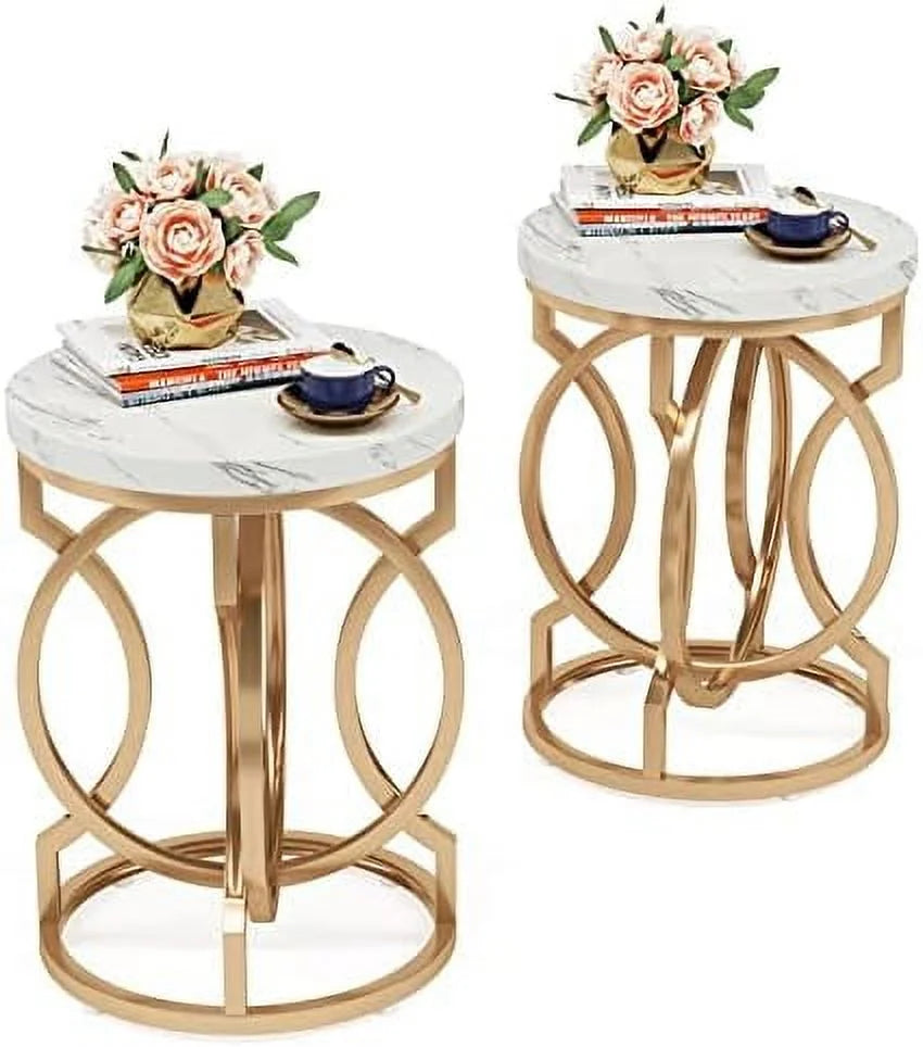 Round End Table Set of 2 White Gold Faux Marble Tabletop Y3203