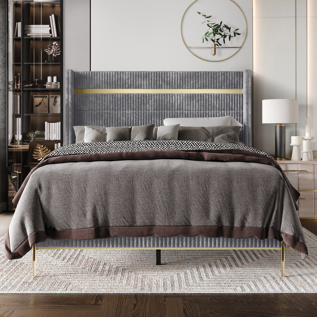 Gold PU Strip Wingback Velvet Upholstered Bed Black, Full Y304