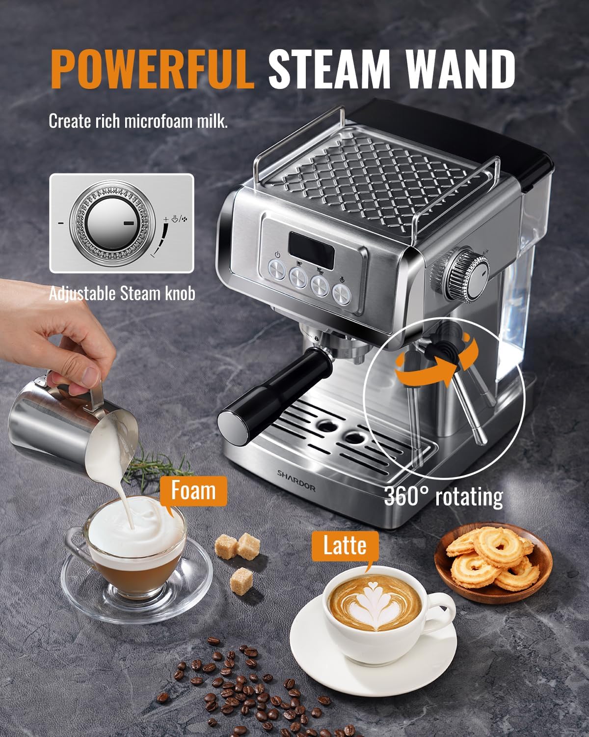Stainless Steel Espresso Machine 20 Bar with Milk Frother Steam Wand 60 Oz Water Tank 1350W C305