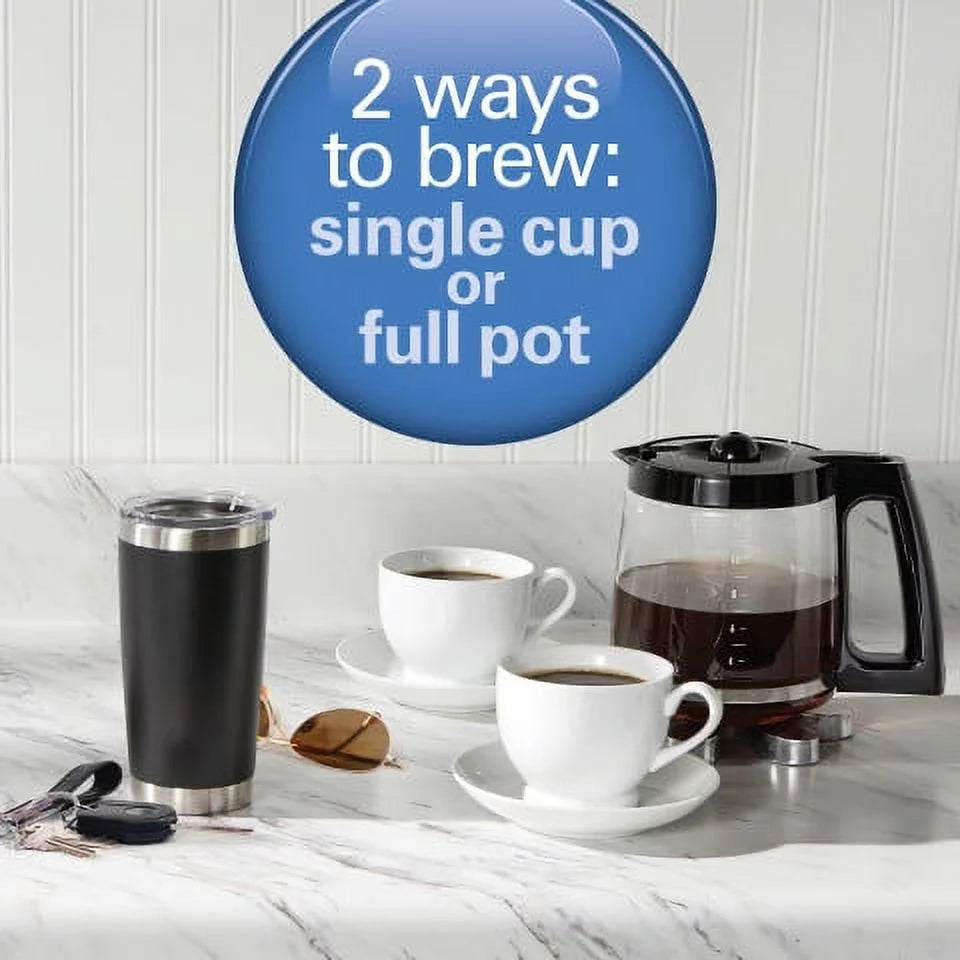 2-Way Coffee Maker, Single-Serve or 12 Cups, Glass Carafe, Black L29483