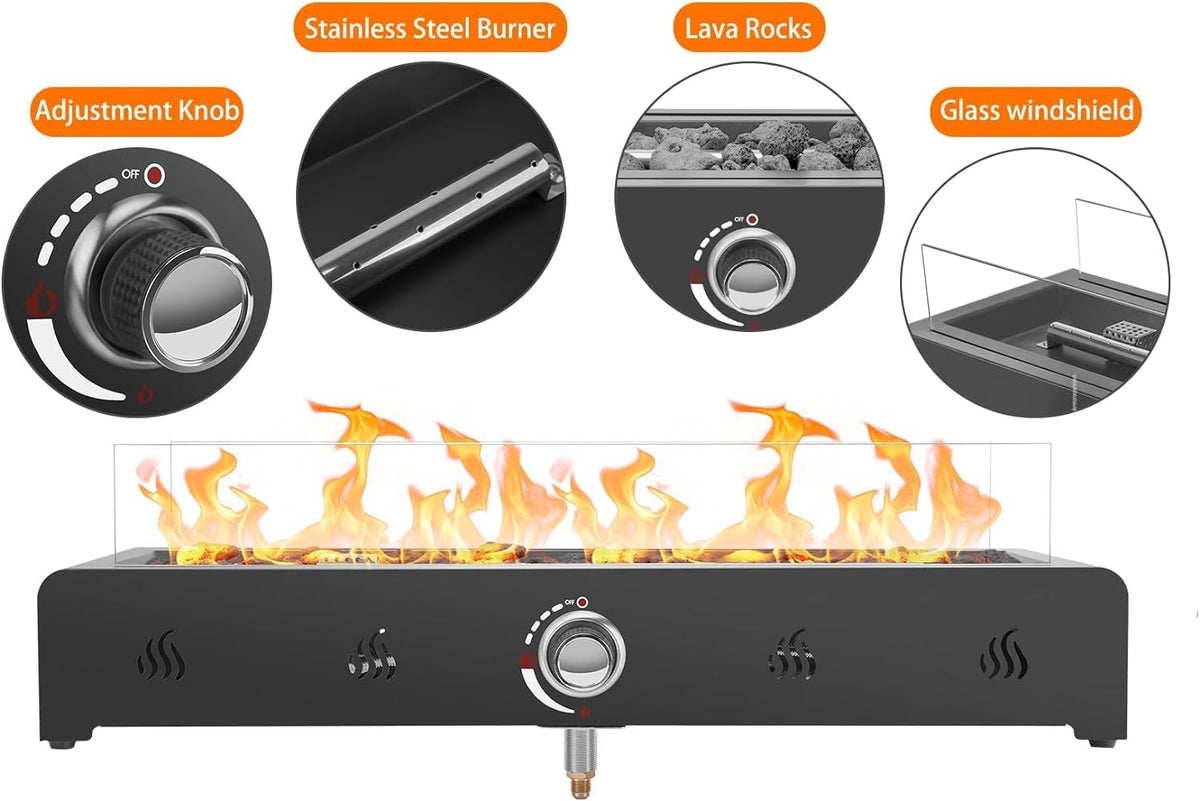 28 Inch Tabletop Gas Fire Pit with Glass Wind Guard and Lava Rock Z28616