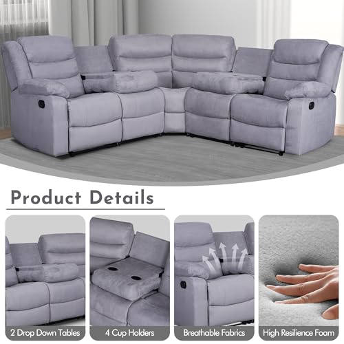Grey Microfiber Manual Reclining Sectional Sofa with Cup Holders A157684
