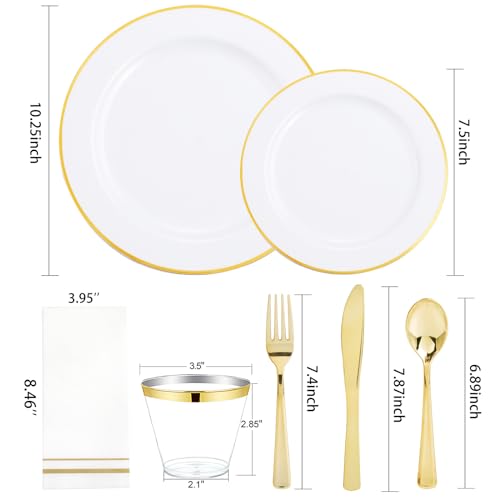 150 PCS Gold Plastic Plates Disposable Dinnerware Set with Cups I64765