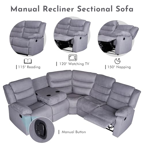 Grey Microfiber Manual Reclining Sectional Sofa with Cup Holders A157684