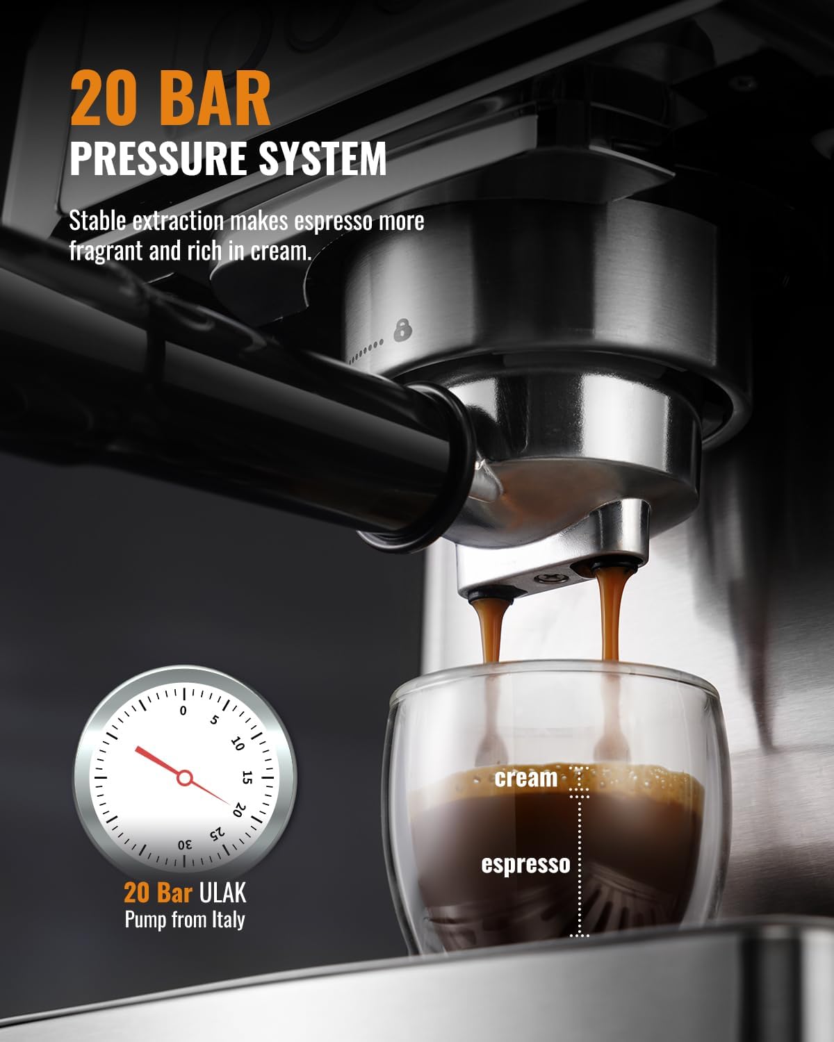Stainless Steel Espresso Machine 20 Bar with Milk Frother Steam Wand 60 Oz Water Tank 1350W C305