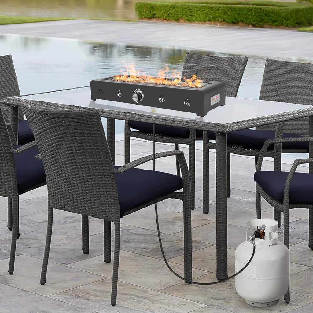 28 Inch Tabletop Gas Fire Pit with Glass Wind Guard and Lava Rock Z28616