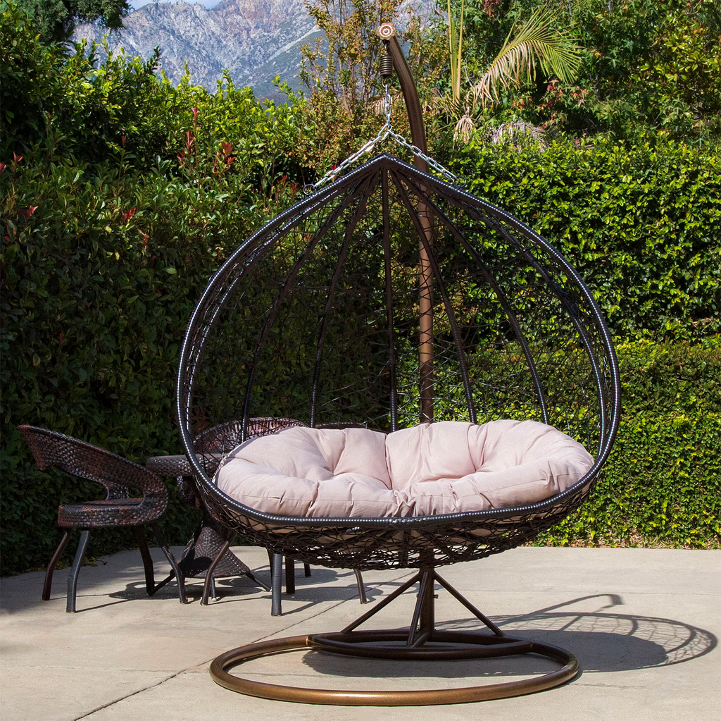 Outdoor Wicker Tear Drop Swing Lounge Chair with Gray Cushion Mat B8188