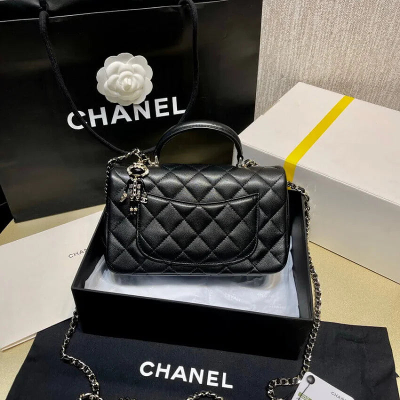 Black Lambskin Mini Flap Bag With Top Handle K371