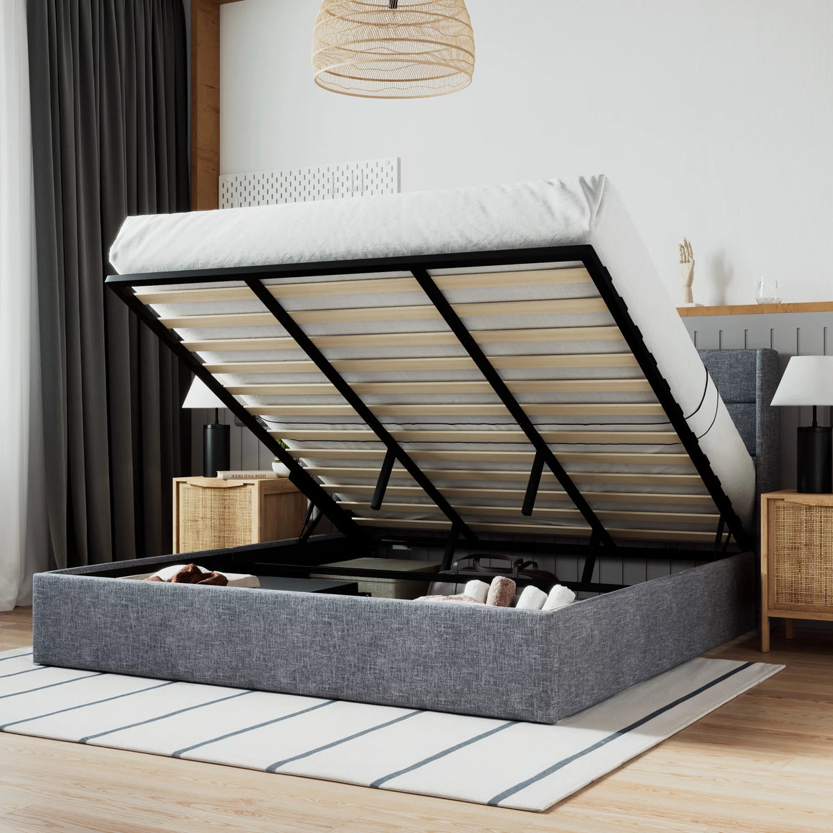 Grey King Size Lift Up Platform Bed Frame with Storage O735